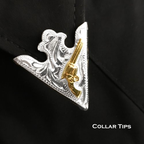 画像クリックで大きく確認できます　Click↓1: ウエスタン カラーチップ シルバー・ゴールドガン/Collar Tips Engraved Silver w/Gun