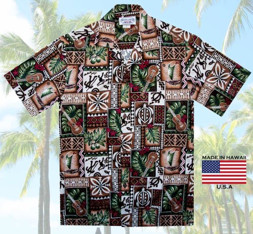 画像クリックで大きく確認できます　Click↓1: アロハシャツ ハワイアンシャツ ウクレレ・リーフ（ブラウン）/Aloha Shirt Ukulele(Brown)