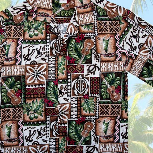 画像クリックで大きく確認できます　Click↓2: アロハシャツ ハワイアンシャツ ウクレレ・リーフ（ブラウン）/Aloha Shirt Ukulele(Brown)