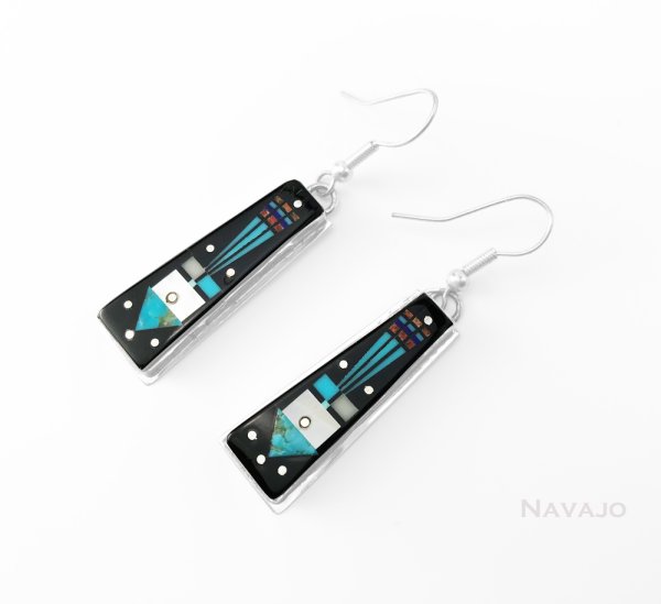 画像2: ナバホ インディアン ハンドメイド スターリングシルバー インレイ ピアス（ブラック・ターコイズ）/Navajo Handmade Sterling Silver Inlay Earrings