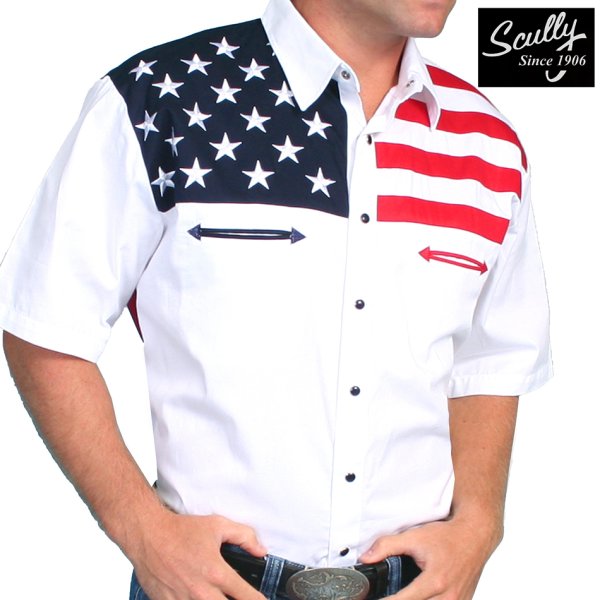 画像1: スカリー USA アメリカ国旗 星条旗 刺繍 シャツ（メンズ 半袖）/Scully Short Sleeve Western Shirt(Patriot Red/WHite/Blue)