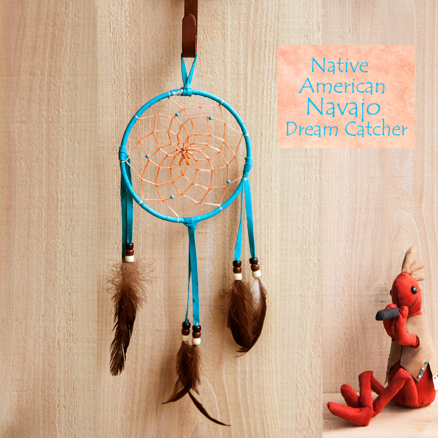 アメリカインディアン ナバホ族 鹿革製 ハンドメイド ドリームキャッチャー 13cm（ターコイズ/ブラック・ブラウン・ホワイト）/Navajo  Hand Made Dream Catcher