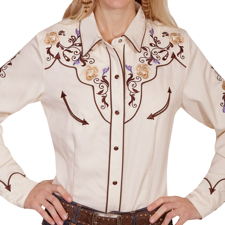 スカリー フローラル刺繍 ウエスタン シャツ（長袖/クリーム）M/Scully Long Sleeve Western Shirt(Women's)