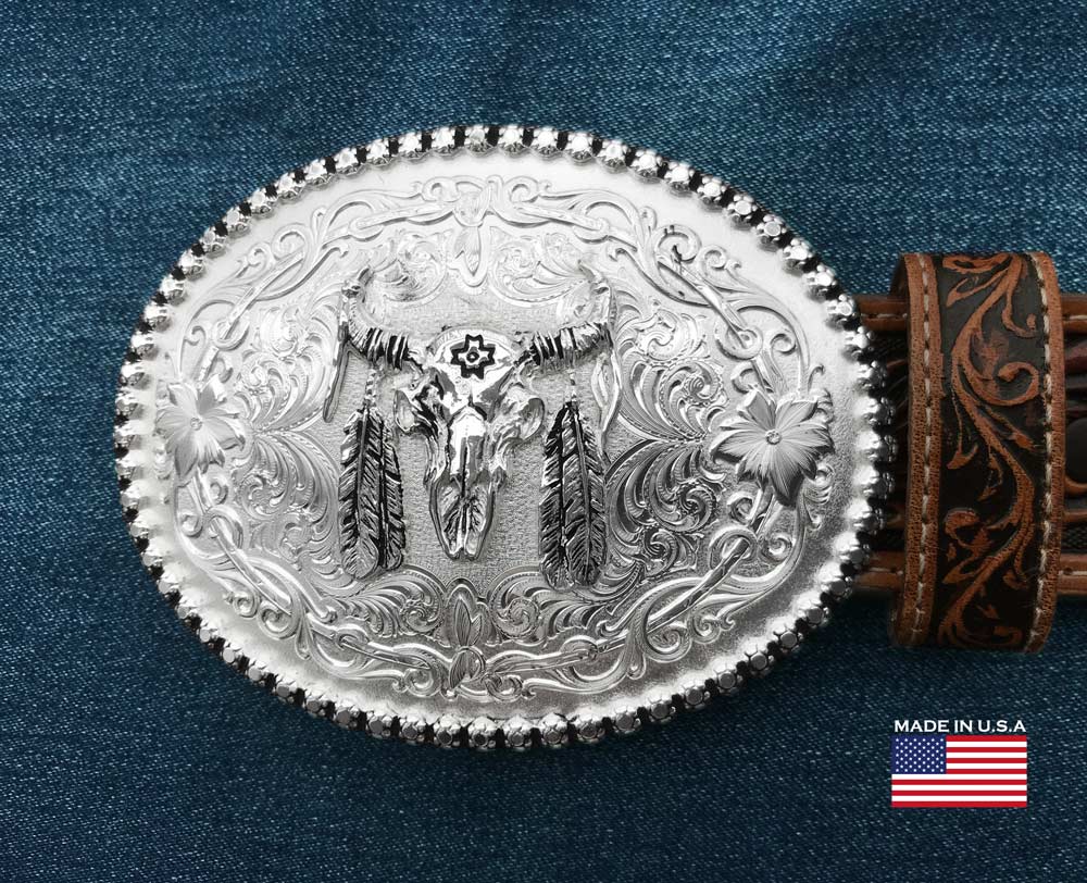 画像: モンタナシルバースミス ベルト バックル バッファロースカル＆フェザー フローラル/Montana Silversmiths Belt Buckle Froral w/Buffalo Skull