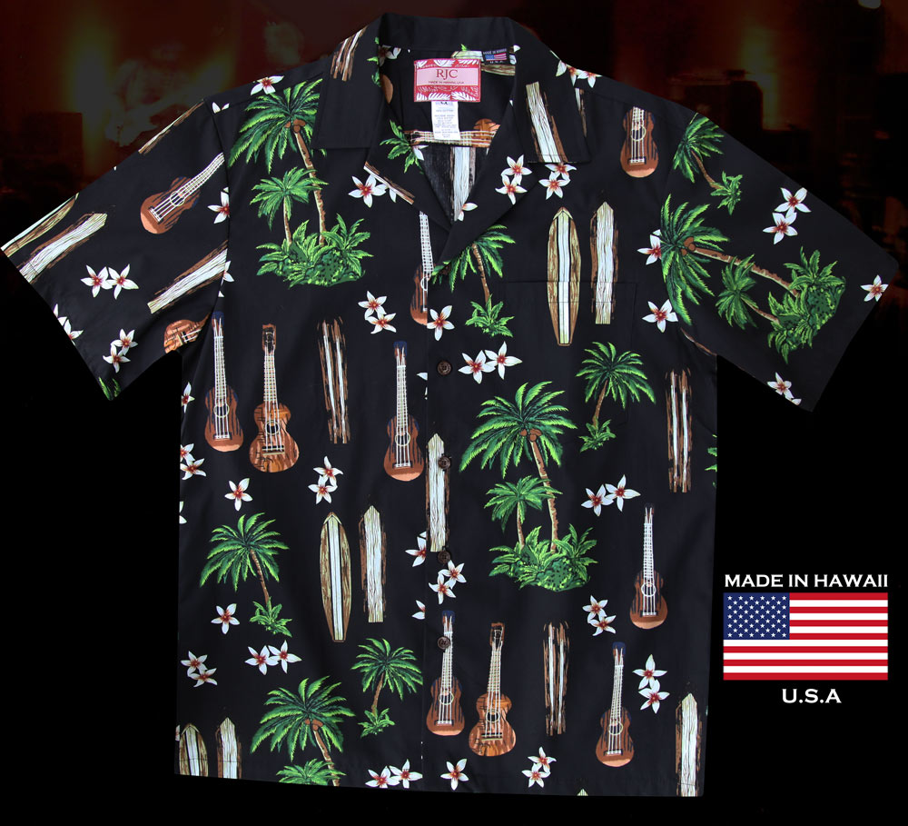 画像: RJC ロバート・J・クランシー アロハシャツ ウクレレ・パームツリー・サーフボード（ブラック）/RJC ROBERT J. CLANCEY Aloha Shirt