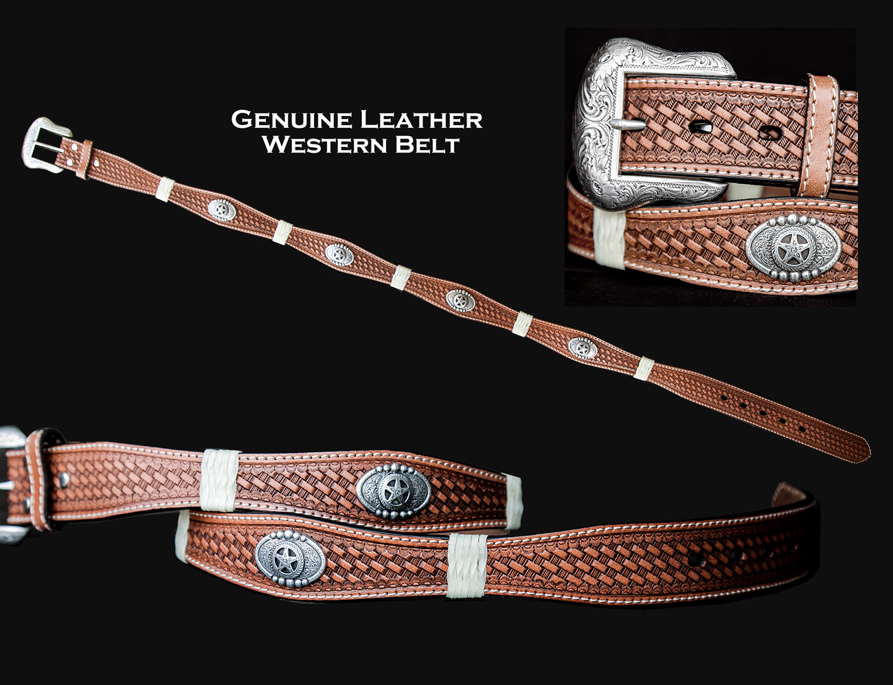 画像: ノコナ スターコンチョ ウエスタン レザー ベルト（ブラウン）/Nocona Western Leather Belt(Brown)